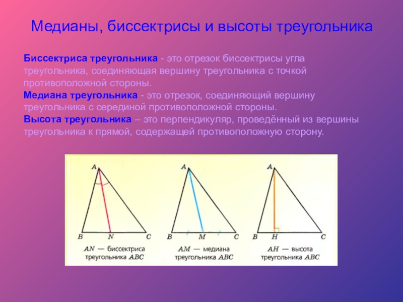 Ам биссектриса прямого равнобедренного треугольника. Понятие Медианы высоты и биссектрисы треугольника. Медиана биссектриса и высота треугольника. Определение Медианы биссектрисы и высоты треугольника 7 класс. Медиана биссектриса и высота треугольника 7 класс.