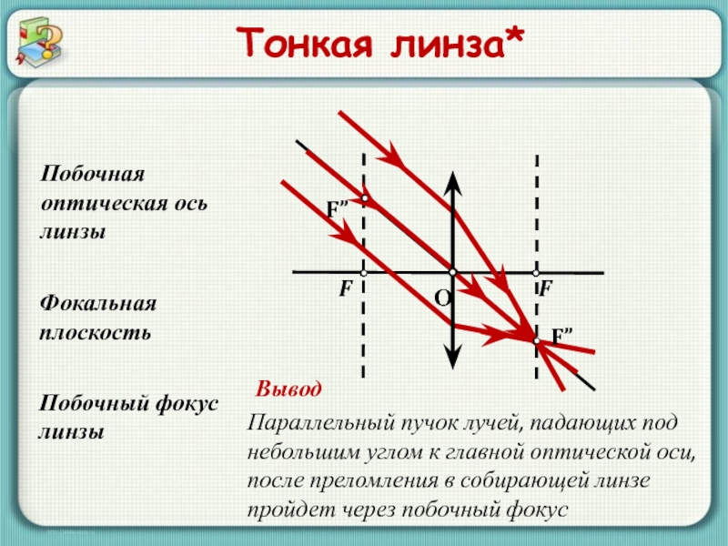 Оптическая линза тонкой собирающей линзы. Побочная оптическая ось линзы это. Побочный фокус в рассеивающей линзе. Побочный фокус линзы это. Тонкая линза.