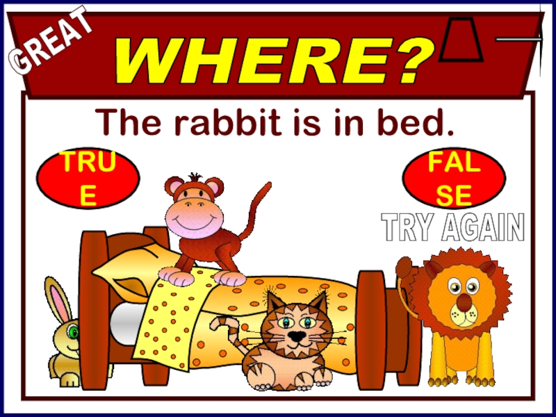 The rabbit is in bed.WHERE?GREATTRY AGAINTRUEFALSE