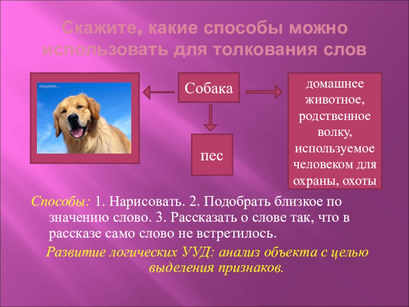 Скажите, какие способы можно использовать для толкования словСпособы: 1. Нарисовать. 2. Подобрать близкое по значению слово. 3.