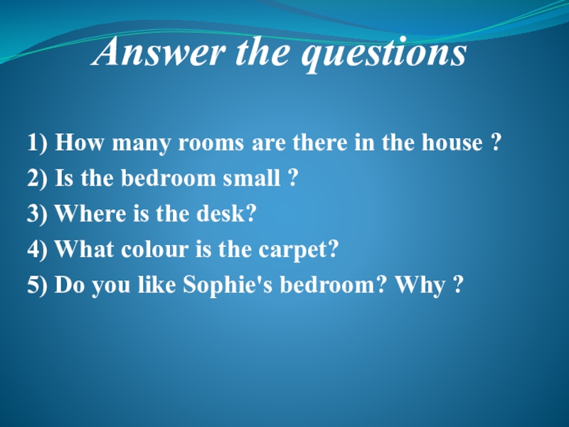 Answer the questions1) How many rooms are there in the house ?2) Is the bedroom small ?3)