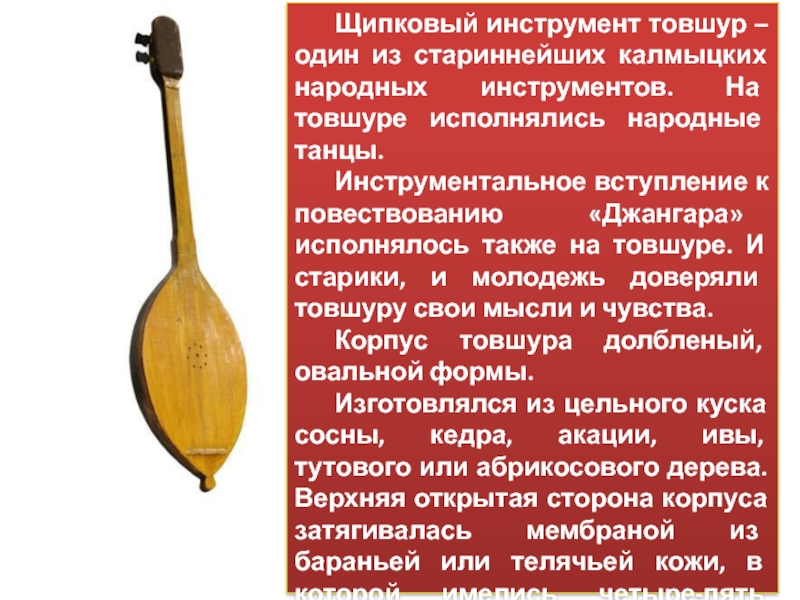 Щипковый инструмент товшур – один из стариннейших калмыцких народных инструментов. На товшуре исполнялись народные танцы. Инструментальное вступление