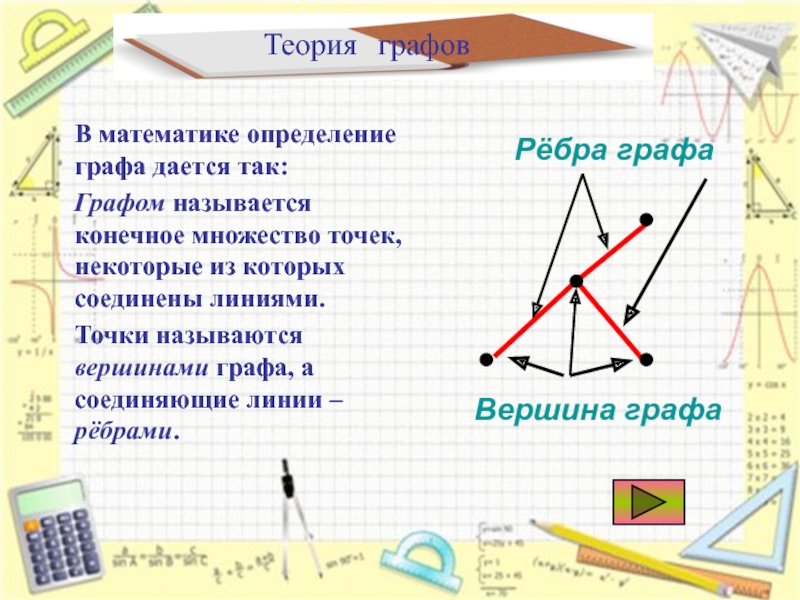 Теория графовВ математике определение графа дается так:Графом называется конечное множество точек, некоторые из которых соединены линиями.Точки называются