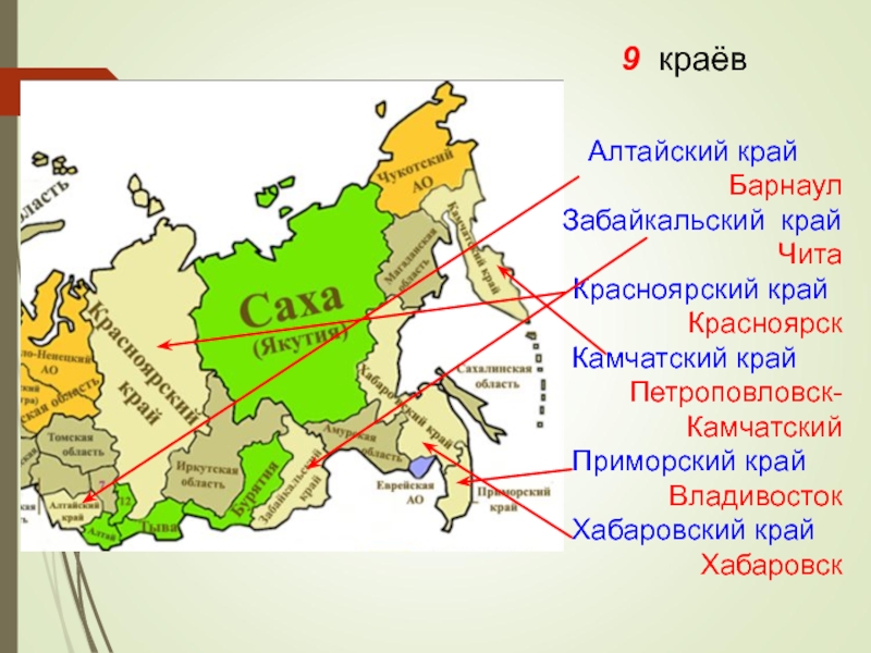 Есть 9 краев какие. 9 Краев РФ. У края России. Края РФ на карте. Края России на карте России.