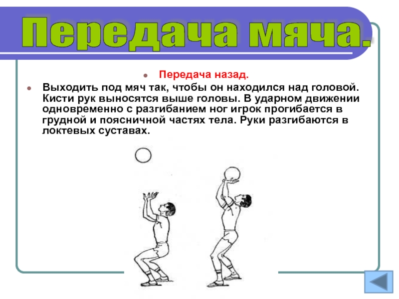 Выход назад. Передача назад. Выход под мяч в волейболе. Ударное движение. Одежда в волейболе доклад.