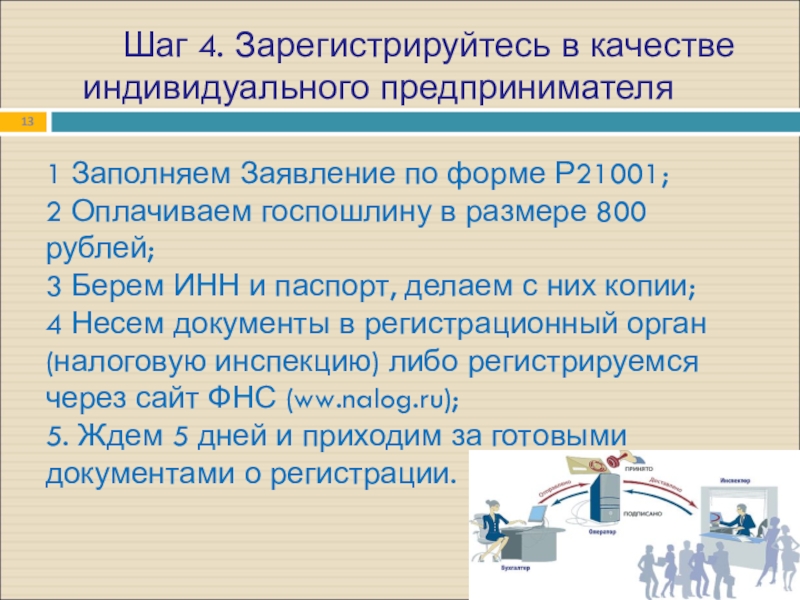 Шаг 4. Зарегистрируйтесь в качестве индивидуального предпринимателя 1 Заполняем Заявление по форме Р21001;2 Оплачиваем госпошлину в размере