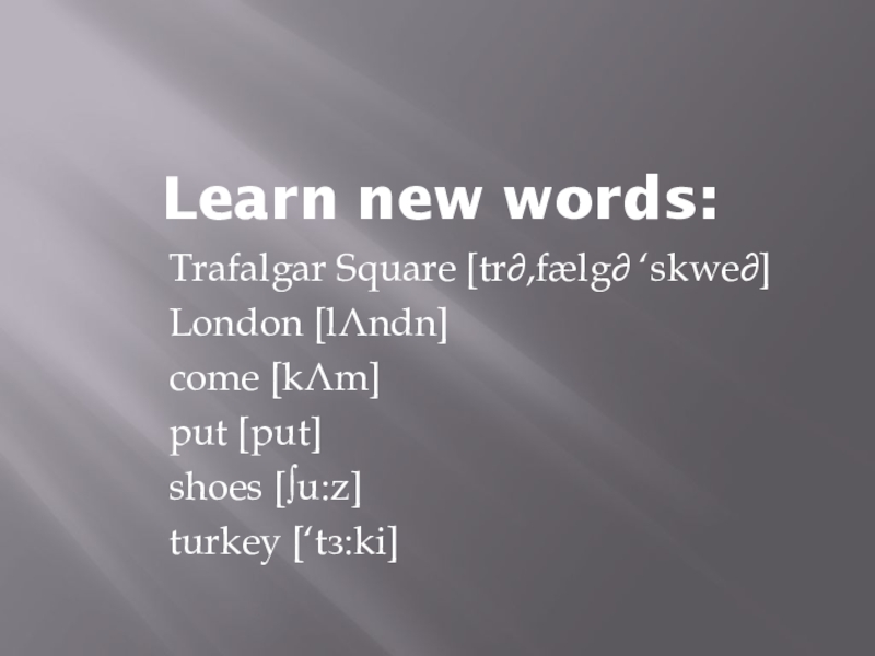Learn new words:Trafalgar Square [tr∂,fælg∂ ‘skwe∂]London [lΛndn]come [kΛm]put [put]shoes [∫u:z]turkey [‘tз:ki]