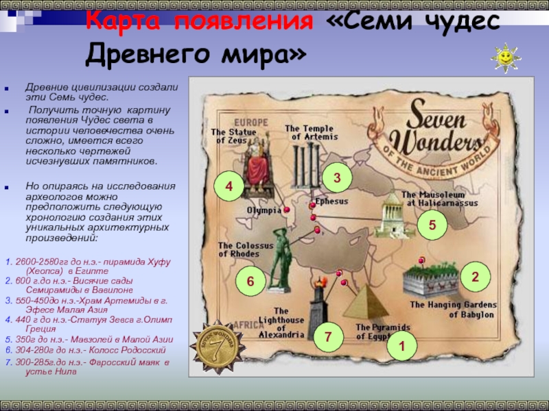Карта появления «Семи чудес      Древнего мира» Древние цивилизации создали эти Семь чудес.