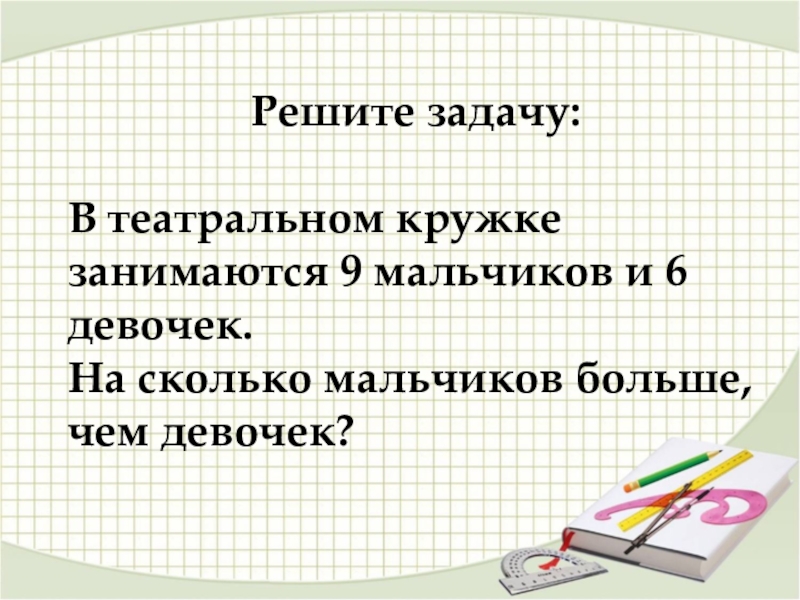 Решите задачу:В театральном кружке занимаются 9 мальчиков и 6 девочек.На сколько мальчиков больше, чем девочек?