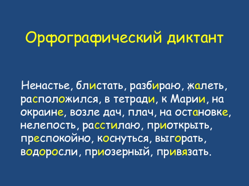 Орфографический диктант Ненастье, блистать, разбираю, жалеть, расположился, в тетради, к Марии, на окраине, возле дач, плач,