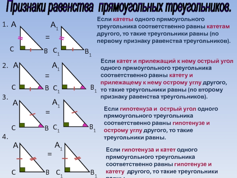 Катеты одного треугольника равны катетам другого