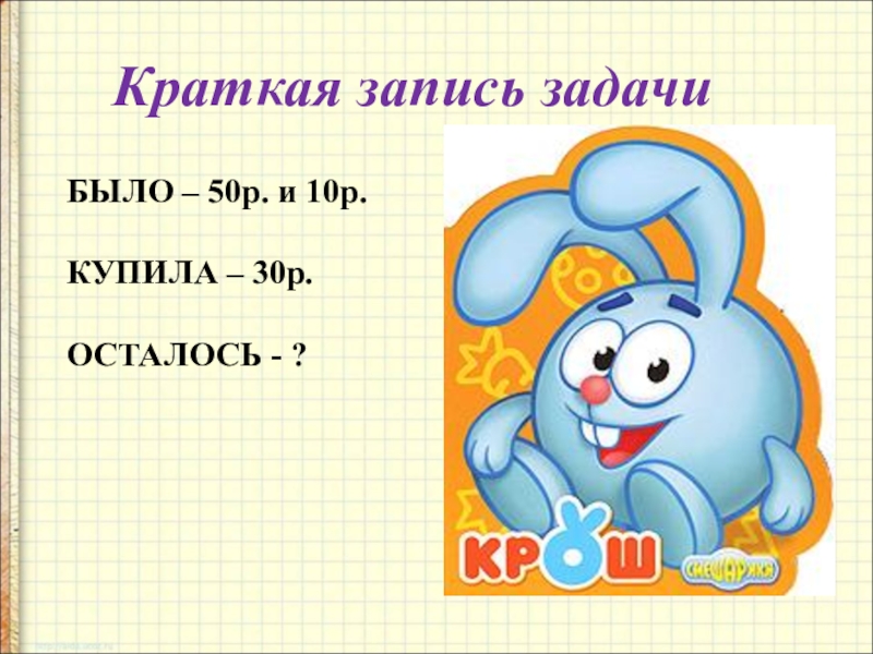 Краткая запись было осталось. Краткая запись задачи было 50 р. У мамы было 50р и 10р она. Было 50р и 10р купила -30р,осталось -?. У мамы было 50р и 10р решение.