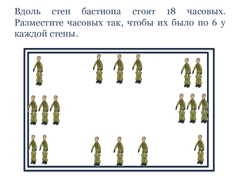 Расставьте вдоль стен четырехугольной комнаты 10 стульев так чтобы возле каждой стены было поровну