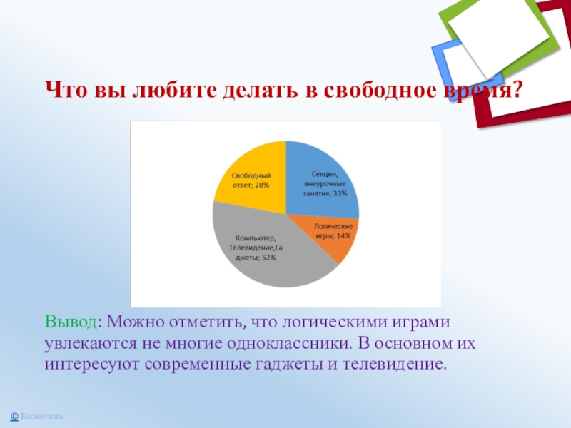 Что вы любите делать в свободное время? Вывод: Можно отметить, что логическими играми увлекаются не многие одноклассники.