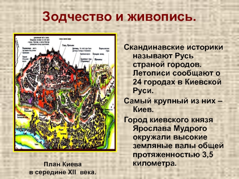 Зодчество и живопись. Скандинавские историки называют Русь страной городов. Летописи сообщают о 24 городах в Киевской Руси.