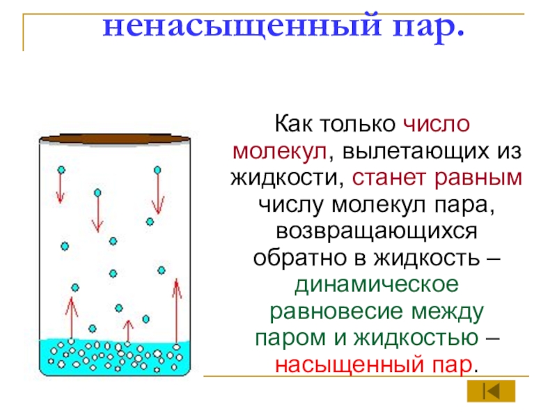 Динамическое равновесие между паром и жидкостью. Ненасыщенный пар. Насыщенный и ненасыщенный пар. Насыщенные и ненасыщенные пары.