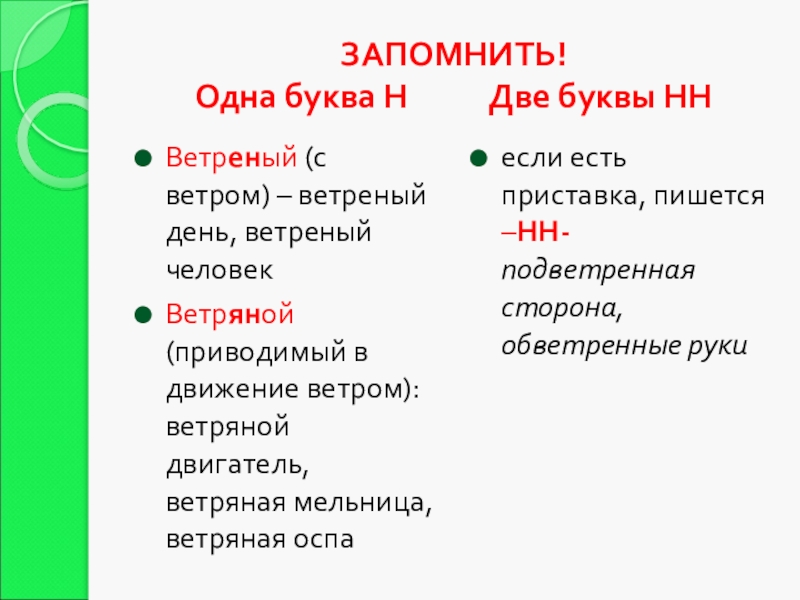 ЗАПОМНИТЬ! Одна буква Н Две буквы ННВетреный (с ветром) – ветреный