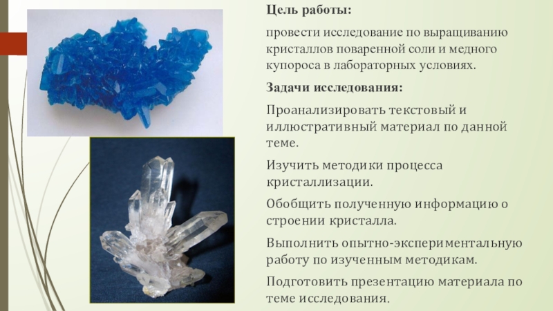 Цель работы: провести исследование по выращиванию       кристаллов поваренной соли и медного   купороса