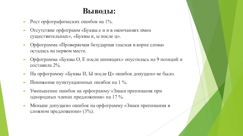 Выводы:Рост орфографических ошибок на 1%.Отсутствие орфограмм «Буквы е и и в окончаниях имен существительных», «Буквы и, ы