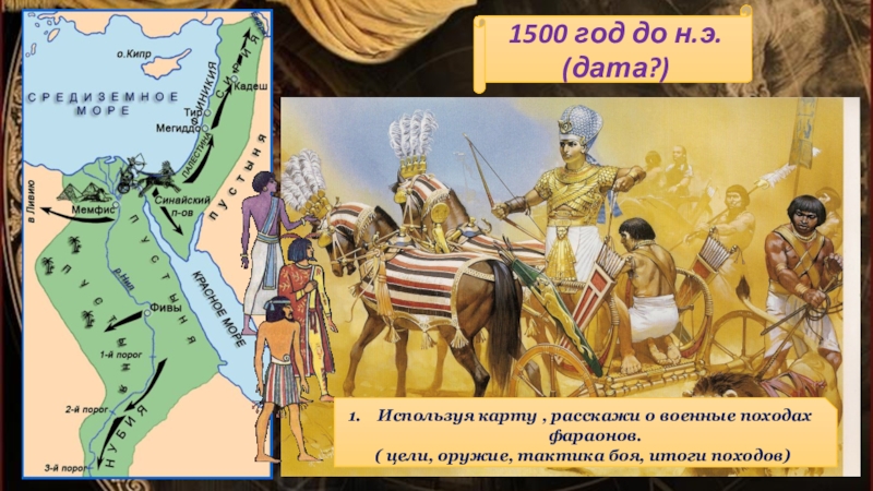 1500 год до н.э.(дата?)Используя карту , расскажи о военные походах фараонов.( цели, оружие, тактика боя, итоги походов)