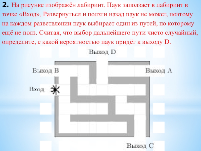 2. На рисунке изображён лабиринт. Паук заползает в лабиринт в точке «Вход». Развернуться и ползти назад паук