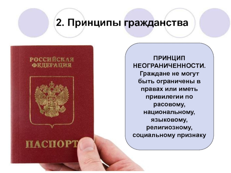 Презентация по праву на тему Гражданство Российской Федерации (8-9 класс) 2. Принципы гражданстваПРИНЦИП НЕОГРАНИЧЕННОСТИ.Граждане не могут быть ограничены в правах или 2. Принципы гражданстваПРИНЦИП НЕОГРАНИЧЕННОСТИ.Граждане не могут быть ограничены в правах или иметь привилегии по расовому, национальному, языковому,
