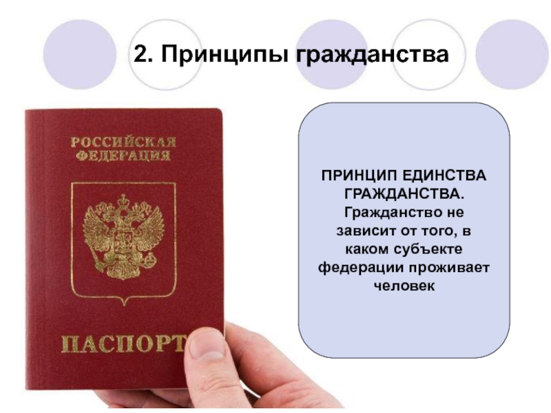 Презентация по праву на тему Гражданство Российской Федерации (8-9 класс) 2. Принципы гражданстваПРИНЦИП ЕДИНСТВАГРАЖДАНСТВА.Гражданство не зависит от того, в каком субъекте федерации проживает человек 2. Принципы гражданстваПРИНЦИП ЕДИНСТВАГРАЖДАНСТВА.Гражданство не зависит от того, в каком субъекте федерации проживает человек