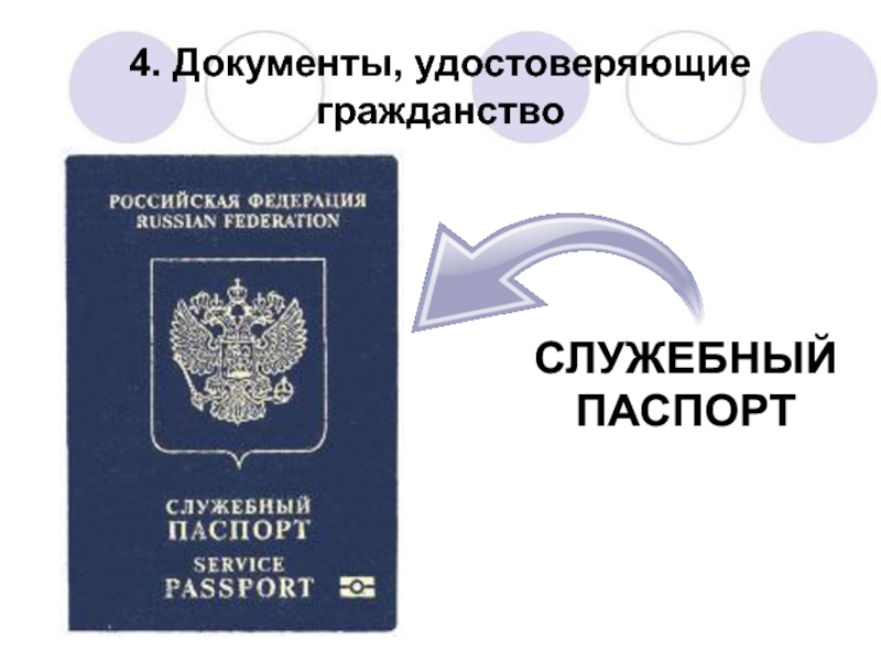 Презентация по праву на тему Гражданство Российской Федерации (8-9 класс) 4. Документы, удостоверяющие гражданствоСЛУЖЕБНЫЙПАСПОРТ 4. Документы, удостоверяющие гражданствоСЛУЖЕБНЫЙПАСПОРТ