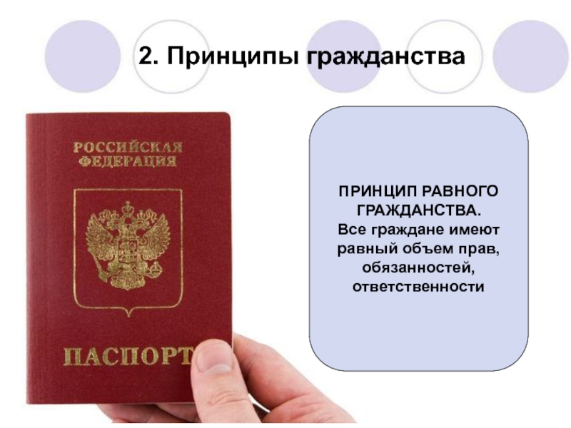 Презентация по праву на тему Гражданство Российской Федерации (8-9 класс) 2. Принципы гражданстваПРИНЦИП РАВНОГОГРАЖДАНСТВА.Все граждане имеют равный объем прав, обязанностей, ответственности 2. Принципы гражданстваПРИНЦИП РАВНОГОГРАЖДАНСТВА.Все граждане имеют равный объем прав, обязанностей, ответственности