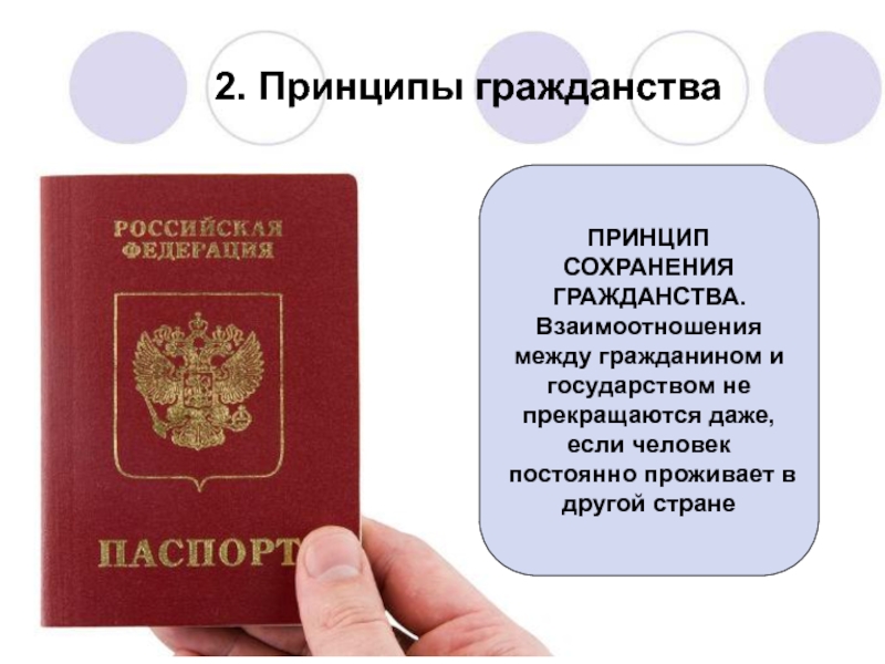 Презентация по праву на тему Гражданство Российской Федерации (8-9 класс) 2. Принципы гражданстваПРИНЦИП СОХРАНЕНИЯГРАЖДАНСТВА.Взаимоотношения между гражданином и государством не прекращаются даже, 2. Принципы гражданстваПРИНЦИП СОХРАНЕНИЯГРАЖДАНСТВА.Взаимоотношения между гражданином и государством не прекращаются даже, если человек постоянно проживает в другой