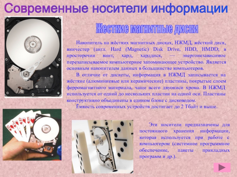 Презентация по дисциплине Информационные технологии в профессиональной деятельности Эти носители предназначены для постоянного хранения информации, которая используется при работе Эти носители предназначены для постоянного хранения информации, которая используется при работе с компьютером (системное программное обеспечение, пакеты