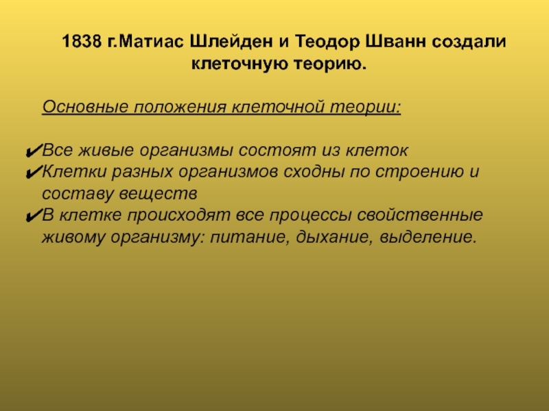 Развитие знаний о клеточном строении 1838 г.Матиас Шлейден и Теодор Шванн создали клеточную теорию.Основные положения 1838 г.Матиас Шлейден и Теодор Шванн создали клеточную теорию.Основные положения клеточной теории:Все живые организмы состоят из