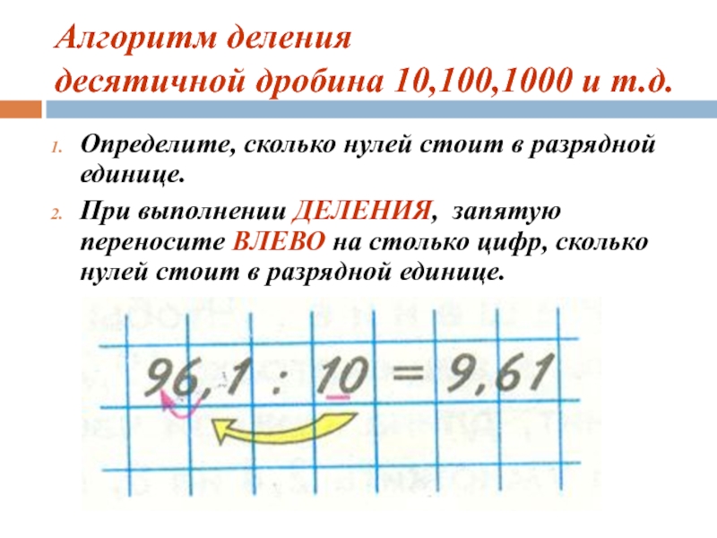 Презентация по математики для 5 класса на тему Деление десятичных дробей на 10, 100, 1000 и т.д. Алгоритм деления десятичной дробина 10,100,1000 и т.д.Определите, сколько нулей стоит в Алгоритм деления десятичной дробина 10,100,1000 и т.д.Определите, сколько нулей стоит в разрядной единице.При выполнении ДЕЛЕНИЯ, запятую
