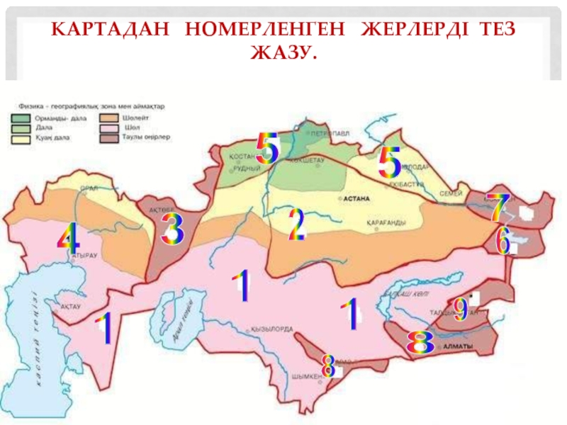 Презентация по географии на тему Қазақстан аумағын физикалық-географиялық аудандастыру (8 класс) Картадан номерленген жерлерді тез жазу.1112345567889 Картадан номерленген жерлерді тез жазу.1112345567889