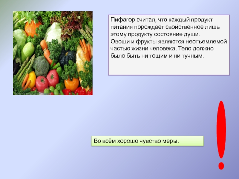 Проектная работа на тему Уроки от Пифагора Пифагор считал, что каждый продукт питания порождает свойственное лишь этому продукту Пифагор считал, что каждый продукт питания порождает свойственное лишь этому продукту состояние души. Овощи и фрукты являются