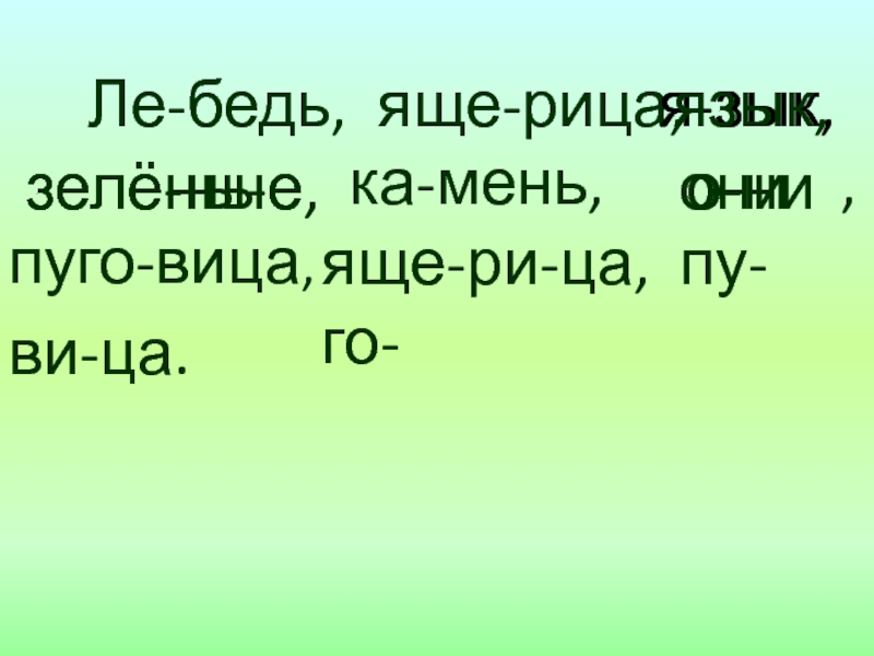 Урок 10 ПЕРЕНОС СЛОВ.pptx Ле-бедь, яще-рица, ка-мень, Ле-бедь, яще-рица, ка-мень,