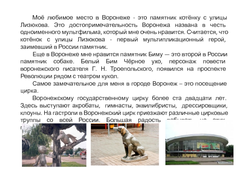 Презентация на тему Моё любимое место в Воронеже - это памятник Моё любимое место в Воронеже - это памятник котёнку с улицы Лизюкова. Это достопримечательность Воронежа названа в