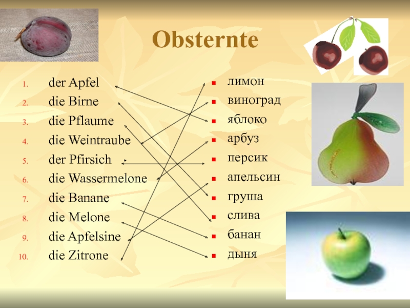 Презентация по теме Осень (6 класс) Obsternteder Apfeldie Birnedie Pflaumedie Weintraubeder Pfirsichdie Wassermelonedie Bananedie Melonedie Apfelsinedie Zitroneлимонвиноградяблоко арбузперсикапельсингрушасливабанандыня Obsternteder Apfeldie Birnedie Pflaumedie Weintraubeder Pfirsichdie Wassermelonedie Bananedie Melonedie Apfelsinedie Zitroneлимонвиноградяблоко арбузперсикапельсингрушасливабанандыня