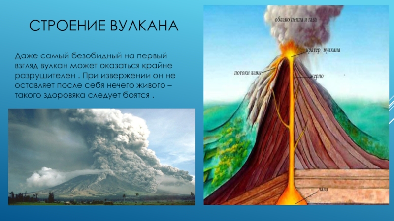 Презентация по ознакомлению с окружающим миром Вулканы Строение вулканаДаже самый безобидный на первый взгляд вулкан может оказаться крайне Строение вулканаДаже самый безобидный на первый взгляд вулкан может оказаться крайне разрушителен . При извержении он не