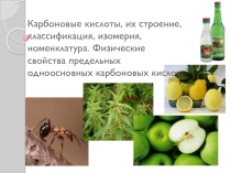 Презентация по химии на тему Карбоновые кислоты, строение, классификация, номенклатура. Физические свойства предельных одноосновных карбоновых кислот