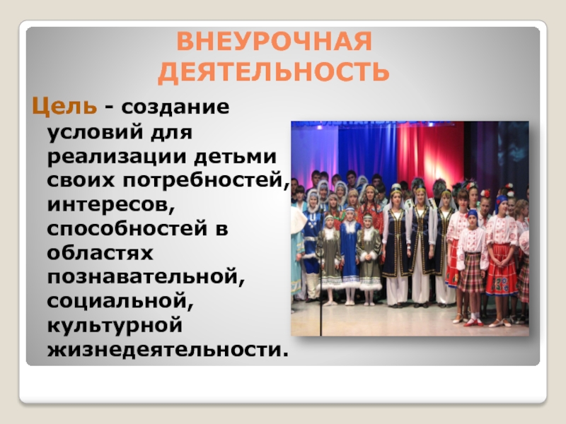 :Опыт, проблемы и перспективы реализации ФГОС НОО обучающихся с ОВЗ в КОУУрайская школа для обучающихся с ОВЗ. Внеурочная деятельностьЦель - создание условий для реализации детьми своих потребностей, интересов, Внеурочная деятельностьЦель - создание условий для реализации детьми своих потребностей, интересов, способностей в областях познавательной, социальной, культурной