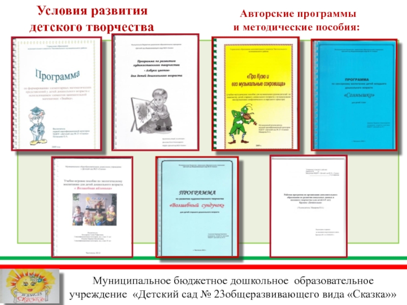 Презентация МБДОУ Детский сад №23 общеразвивающего вида Сказка Чистопольского муниципального района РТ Муниципальное бюджетное дошкольное образовательное учреждение «Детский сад № 23общеразвивающего вида «Сказка»»Условия Муниципальное бюджетное дошкольное образовательное учреждение «Детский сад № 23общеразвивающего вида «Сказка»»Условия развития детского творчества Авторские программы и