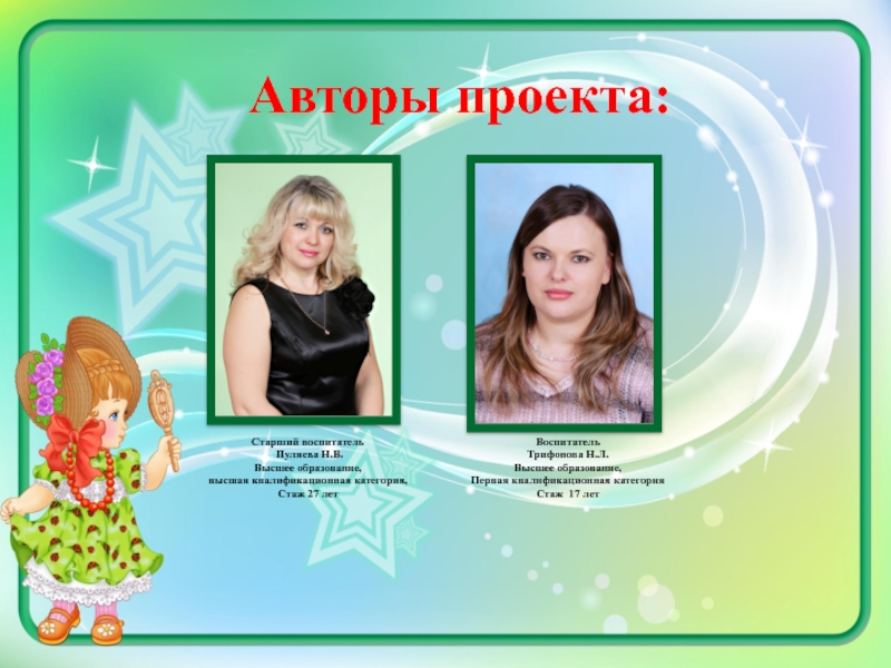 Методическая разработка Мини-музей Мир кукол Авторы проекта:Старший воспитатель Пуляева Н.В.Высшее образование,высшая квалификационная категория, Стаж 27 лет Авторы проекта:Старший воспитатель Пуляева Н.В.Высшее образование,высшая квалификационная категория, Стаж 27 лет Воспитатель Трифонова Н.Л.Высшее образование,Первая квалификационная категорияСтаж