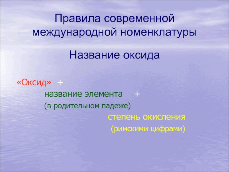 Интегрированный урок (химия-география). Тема: Многообразие оксидов и их значение. Правила современной международной номенклатурыНазвание оксида «Оксид» + название Правила современной международной номенклатурыНазвание оксида «Оксид» + название элемента +