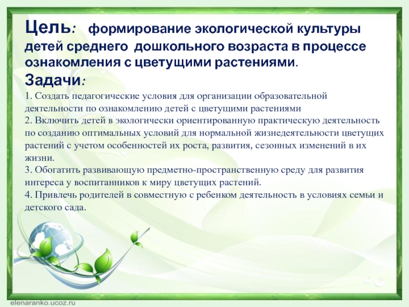 Презентация Формирование экологической культуры детей среднего дошкольного возраста в процессе ознакомления с цветущими растениями Цель: формирование экологической культуры детей среднего дошкольного возраста в процессе Цель: формирование экологической культуры детей среднего дошкольного возраста в процессе ознакомления с цветущими растениями.