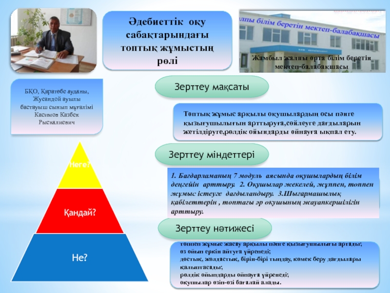 Презентация на тему Зерттеу мақсатыЗерттеу нәтижесіӘдебиеттік оқу сабақтарындағы топтық жұмыстың рөліБҚО, Зерттеу мақсатыЗерттеу нәтижесіӘдебиеттік оқу сабақтарындағы топтық жұмыстың рөліБҚО, Қаратөбе ауданы, Жусандой ауылыбастауыш сынып мұғалімі Касимов Казбек РыскалиевичТоптық