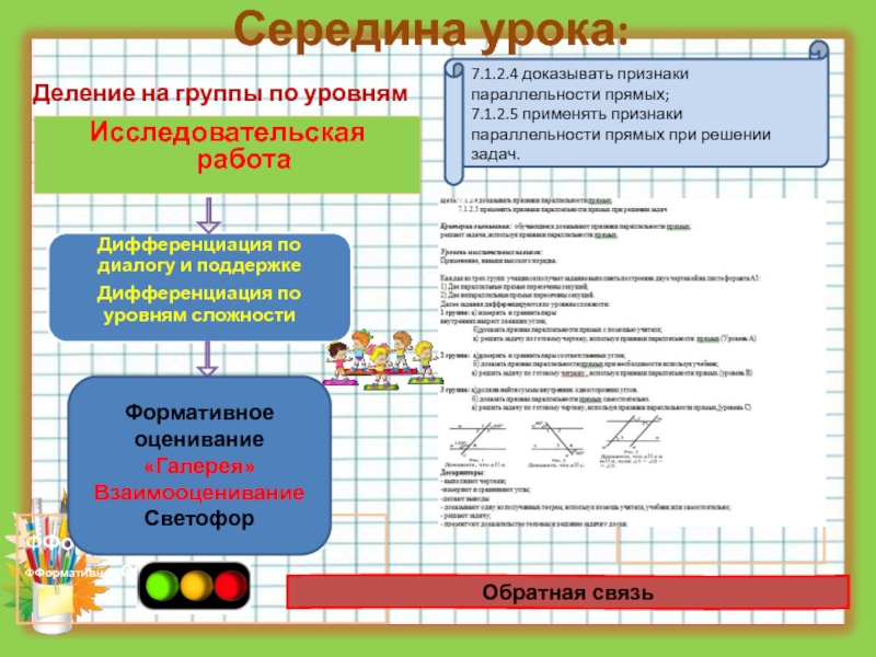 Презентация к защите урока Параллельные прямые, их признаки и свойства Середина урока: Деление на группы по уровням Исследовательская работа Середина урока: Деление на группы по уровням Исследовательская работа