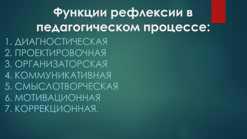 Презентация Использование методических приёмов для проведения рефлексии на уроках Функции рефлексии в педагогическом процессе: 1. Диагностическая 2. Проектировочная 3. Организаторская Функции рефлексии в педагогическом процессе: 1. Диагностическая 2. Проектировочная 3. Организаторская 4. Коммуникативная 5. Смыслотворческая 6. Мотивационная
