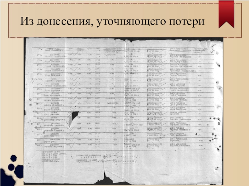 Презентация проекта История моей семьи в истории страны(4 класс) Из донесения, уточняющего потери Из донесения, уточняющего потери
