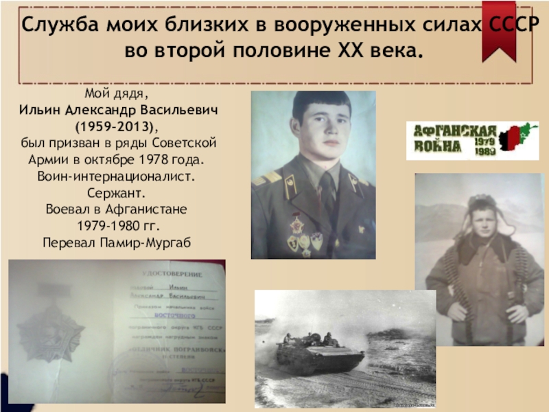 Презентация проекта История моей семьи в истории страны(4 класс) Служба моих близких в вооруженных силах СССР во второй половине Служба моих близких в вооруженных силах СССР во второй половине ХХ века.Мой дядя, Ильин Александр Васильевич(1959-2013),